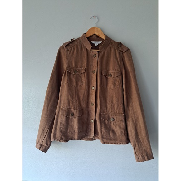 Relativity Jackets & Blazers - Relativity Womens Brown Linen Military Geometric Pockets Light Jacket Size Mediu